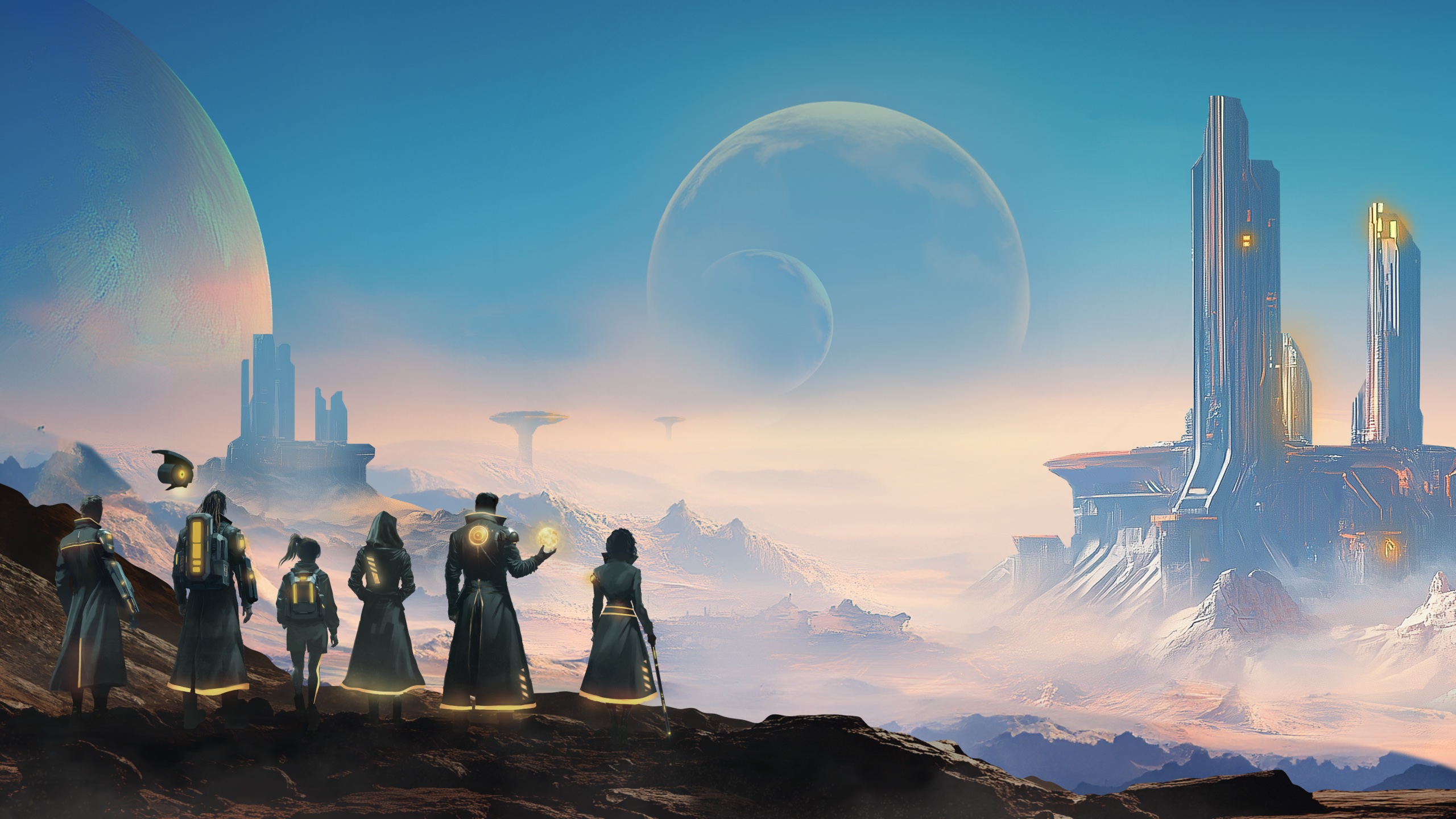 A group of explorers on a ridge looking out over an alien valley, with planets in the sky and a distant city of towers