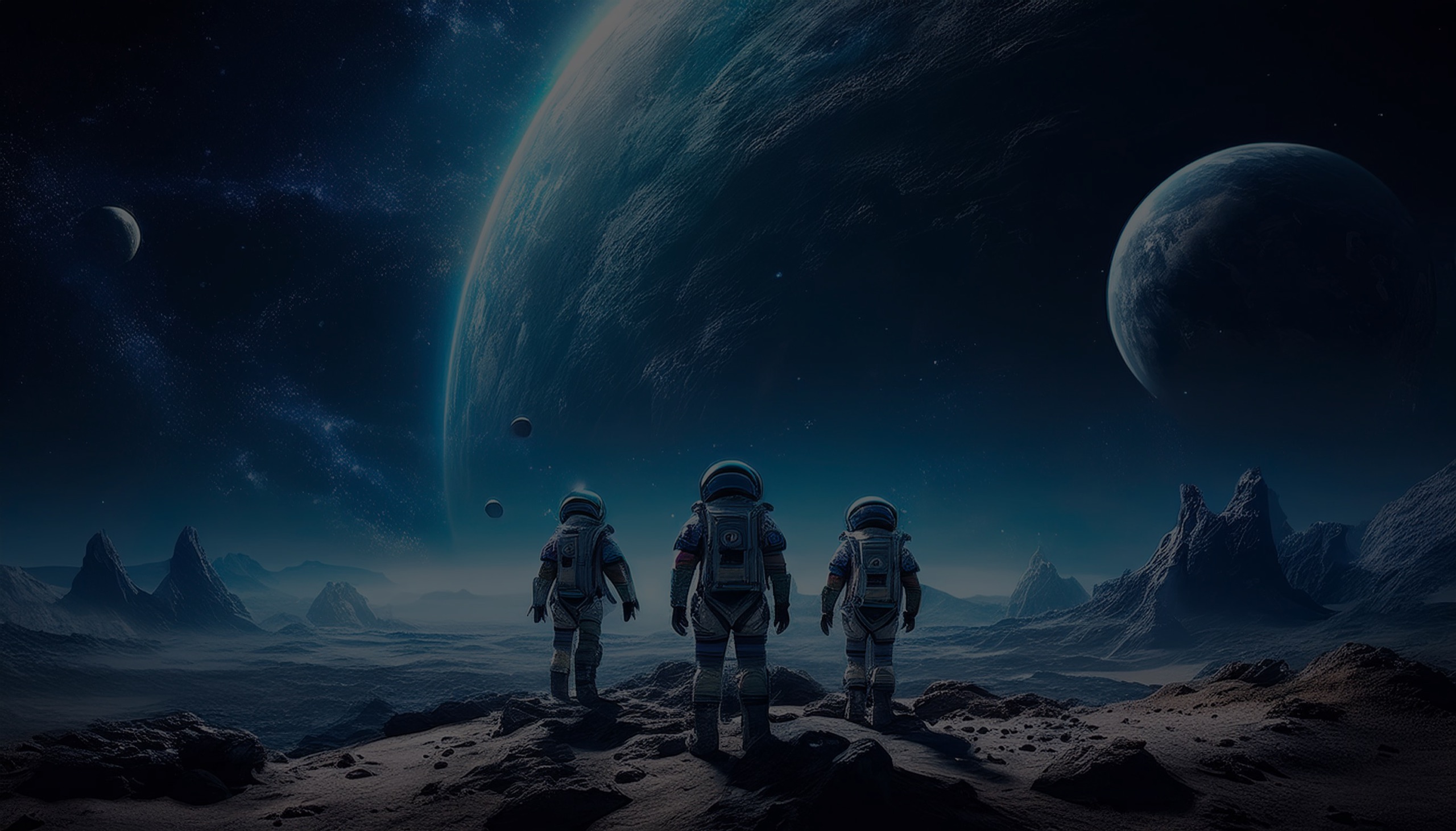 Three astronauts standing on a rocky moon surface, looking out at a large planet rising over the horizon